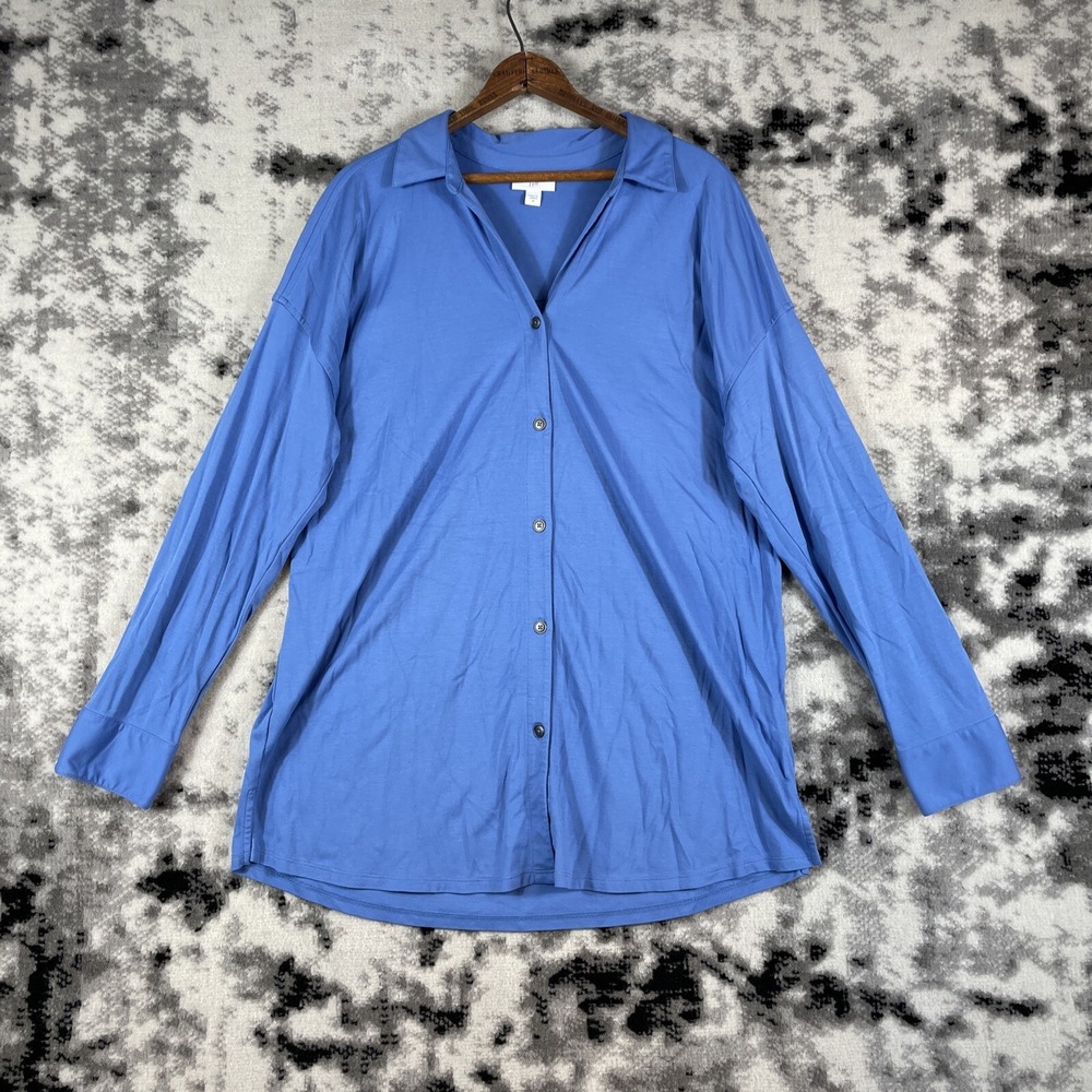 J Jill Top Womens Size Medium Blue Button Up V-Neck Rayon Nylon Soft Comfort